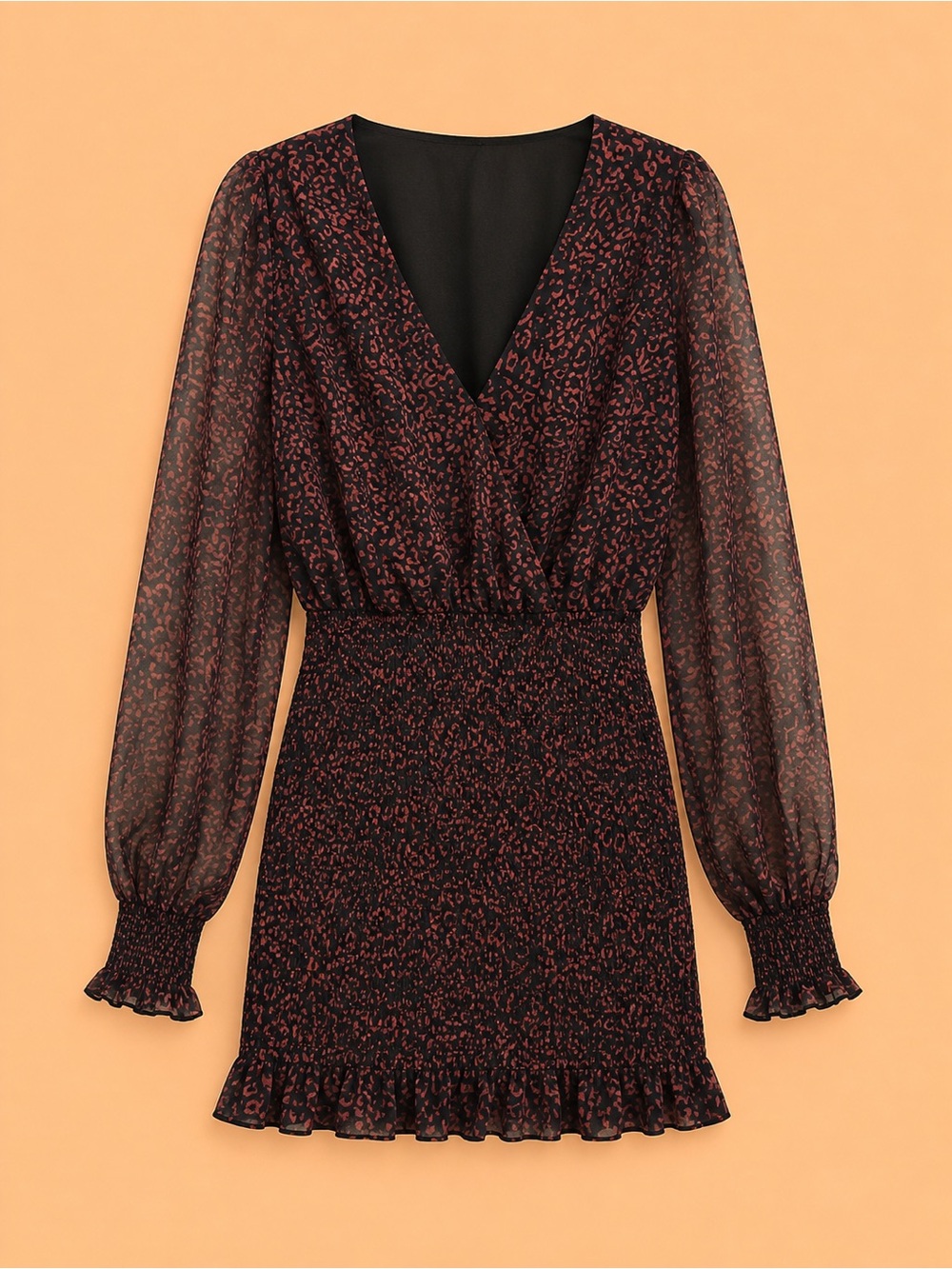 BLACK & RUST PRINT SMOCKED MINI DRESS